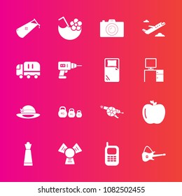 Premium set with fill vector icons. Such as healthy, musical, mobile, summer, guitar, music, weight, technology, cold, fruit, military, old, glass, piece, apple, king, telephone, drink, camera, travel