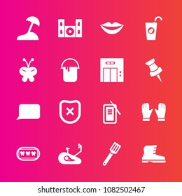 Premium set with fill vector icons. Such as safety, female, beauty, white, palm, suzuri, travel, pan, island, beach, bicycle, bubble, cooking, bike, style, speech, home, cinema, talk, security, drink