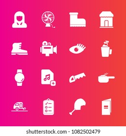 Premium set with fill vector icons. Such as leather, paper, book, woman, dinner, vacation, shop, checklist, chicken, caravan, watch, music, face, add, file, girl, footwear, check, fan, fashion, meal