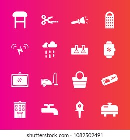 Premium set with fill vector icons. Such as leather, building, travel, grater, armchair, water, kitchen, housework, electric, flight, cooking, flashlight, lamp, cheese, shine, fashion, domestic, bag