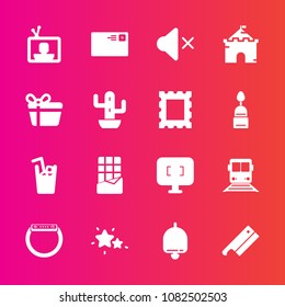 Premium set with fill vector icons. Such as tv, volume, letter, chocolate, sound, transportation, gadget, astronomy, watch, send, smart, juice, castle, sky, star, monitor, television, mute, call, bar