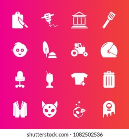 Premium set with fill vector icons. Such as suit, drill, science, bar, shirt, business, kitchen, can, fiction, bank, restaurant, hand, trash, clothing, ufo, banking, astronaut, garbage, work, drink