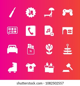 Premium set with fill vector icons. Such as chocolate, justice, chair, delivery, knife, dessert, plate, flower, warehouse, skating, sunbed, clothing, blossom, decoration, beach, child, baby, candle