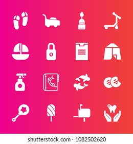 Premium set with fill vector icons. Such as child, slipper, vessel, garden, mail, lawn, grass, message, healthy, scooter, pesticide, sea, doughnut, toy, phone, ice, box, footwear, summer, chemical