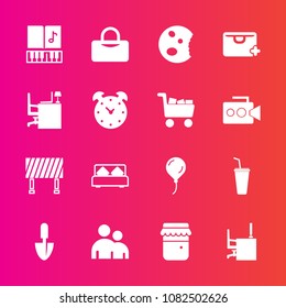 Premium set with fill vector icons. Such as shovel, desk, dessert, music, table, alarm, add, furniture, human, jam, bed, sweet, work, background, cold, man, musical, clock, people, office, jar, road