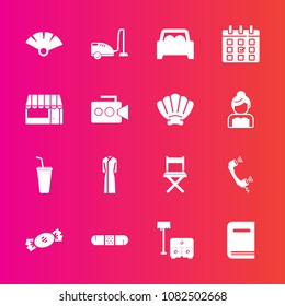 Premium set with fill vector icons. Such as japanese, vehicle, grocery, table, candy, female, seat, furniture, chair, supermarket, telephone, education, day, lollipop, vacuum, drink, library, fan, bed