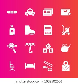 Premium set with fill vector icons. Such as chart, add, hook, sign, double, document, armchair, bed, location, bedroom, interior, abc, home, chair, soap, vehicle, japan, graph, bag, kettle, car, child