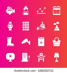 Premium set with fill vector icons. Such as station, groom, graph, surveillance, drum, camera, lamp, equipment, japan, data, film, leather, smart, object, taiko, media, business, gasoline, style, pump