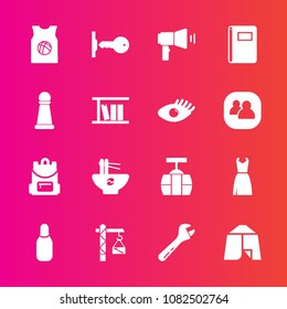 Premium set with fill vector icons. Such as female, construction, megaphone, notebook, page, food, tool, meal, key, adventure, train, basketball, door, bowl, camp, sky, paper, book, dress, team, car