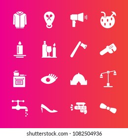 Premium set with fill vector icons. Such as health, bow, shoe, camp, summer, adventure, fire, law, megaphone, glass, cocktail, travel, beautiful, play, communication, outdoor, sink, candle, judge, tap