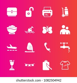 Premium set with fill vector icons. Such as baby, faucet, child, sport, printer, water, kid, equipment, phone, plane, ocean, celebration, drawer, kitchen, security, background, place, clothing, print
