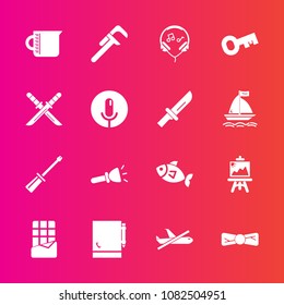 Premium set with fill vector icons. Such as construction, fish, screwdriver, service, key, bow, technology, tool, audio, white, modern, dessert, electric, flight, plane, lamp, sound, reparation, tie