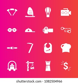 Premium set with fill vector icons. Such as extreme, wrench, spanner, jump, sky, currency, baggage, wind, rattle, handle, camera, hammer, transport, chef, usd, fashion, dress, service, infant, bellboy