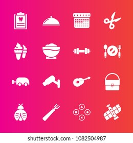 Premium set with fill vector icons. Such as computer, security, carriage, lady, dentist, time, schedule, timetable, service, camera, tool, game, technology, station, patient, fun, fork, cut, dessert