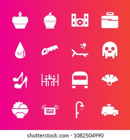 Premium set with fill vector icons. Such as white, grain, sensu, transport, doughnut, cinema, food, shower, message, technology, toy, japanese, drop, bus, coffee, notification, dessert, rice, sweet