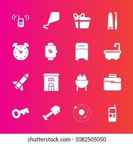 Premium set with fill vector icons. Such as toothpaste, estate, building, science, holiday, dental, summer, shovel, vintage, communication, meat, sky, key, celebration, mobile, gift, phone, space, fun