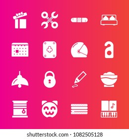 Premium set with fill vector icons. Such as music, restaurant, sandwich, repair, asian, bulb, room, electricity, sound, coffee, curtain, snack, window, chef, cat, celebration, bedroom, office, gift
