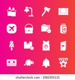 Premium set with fill vector icons. Such as plane, music, man, summer, airplane, clothes, pasta, ice, shirt, home, book, candle, flame, food, cassette, retro, travel, fashion, axe, fruit, team, award