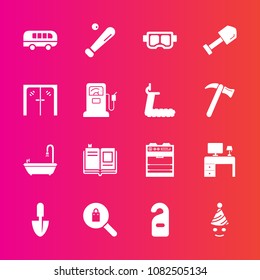 Premium set with fill vector icons. Such as privacy, kitchen, construction, office, bathroom, book, shovel, clothes, ball, baseball, desk, table, label, equipment, tool, speed, party, summer, birthday