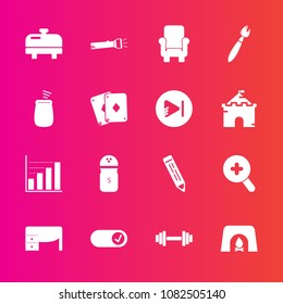 Premium set with fill vector icons. Such as game, food, flashlight, fire, tower, percussion, pencil, media, paint, furniture, play, brush, armchair, pen, lamp, spice, data, fitness, medieval, gym, 