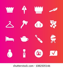 Premium set with fill vector icons. Such as bed, bulb, hygiene, screen, queen, health, brush, communication, grill, gallon, bedroom, chat, mark, teapot, cutlery, hot, technology, barbecue, exclamation