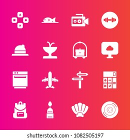 Premium set with fill vector icons. Such as backpack, computer, play, travel, school, food, gym, fitness, sea, seashell, film, wheel, car, direction, calculator, oven, stove, auto, tire, handle, video