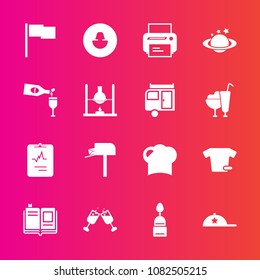 Premium set with fill vector icons. Such as flag, red, library, machine, clothes, alcohol, wine, message, post, box, space, literature, technology, doughnut, heart, avatar, restaurant, drink, glass