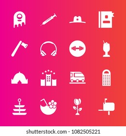 Premium set with fill vector icons. Such as kitchen, camp, glass, hat, spring, transportation, mail, plate, dinner, hotel, space, travel, juice, alien, flower, west, cocktail, needle, monster, nature