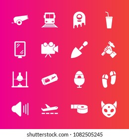 Premium set with fill vector icons. Such as alien, adhesive, cold, research, sign, spring, road, drink, decoration, tape, train, ufo, up, ticket, space, projector, slipper, juice, laboratory, screen