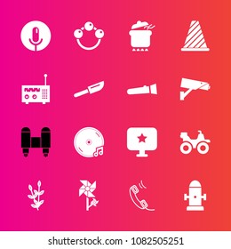 Premium set with fill vector icons. Such as harvest, music, star, computer, microphone, bike, spring, floral, infant, phone, fire, technology, traffic, voice, rattle, quad, pot, flower, hydrant, plant