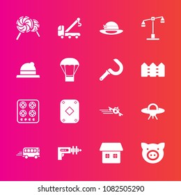 Premium set with fill vector icons. Such as accident, departure, judge, plane, space, justice, pig, bus, speed, truck, alien, sweet, vehicle, flight, car, airplane, transportation, ufo, road, home
