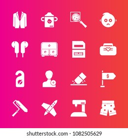 Premium set with fill vector icons. Such as label, money, finance, roll, rocket, business, roller, erase, plastic, suit, template, wear, cute, sewing, tool, white, space, fashion, machine, member, sew