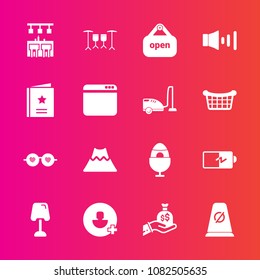 Premium set with fill vector icons. Such as easter, account, sack, finance, home, open, decoration, battery, interior, business, fashion, speaker, volume, mountain, favorite, add, lava, hippie, power