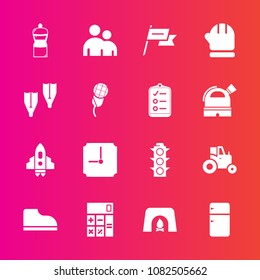 Premium set with fill vector icons. Such as technology, calculator, fireplace, country, craft, rocket, household, broom, finance, nation, light, patriotism, accounting, wind, agriculture, man, space