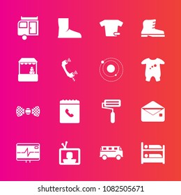 Premium set with fill vector icons. Such as fashion, market, phone, technology, clothes, speed, bow, hotel, internet, boot, envelope, communication, pulse, travel, caravan, bus, footwear, transport