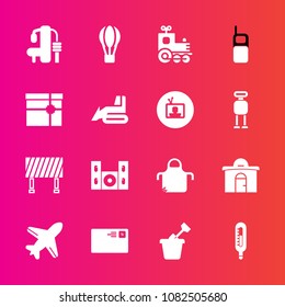 Premium set with fill vector icons. Such as exercise, mail, toy, background, send, flight, airplane, estate, air, sport, transport, business, house, train, thermometer, traffic, summer, speaker, home