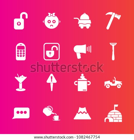 Premium set with fill vector icons. Such as lava, sad, chat, protection, child, hotel, tool, nutrition, mountain, arctic, cute, cup, igloo, milk, equipment, danger, exclamation, snow, alcohol, speech