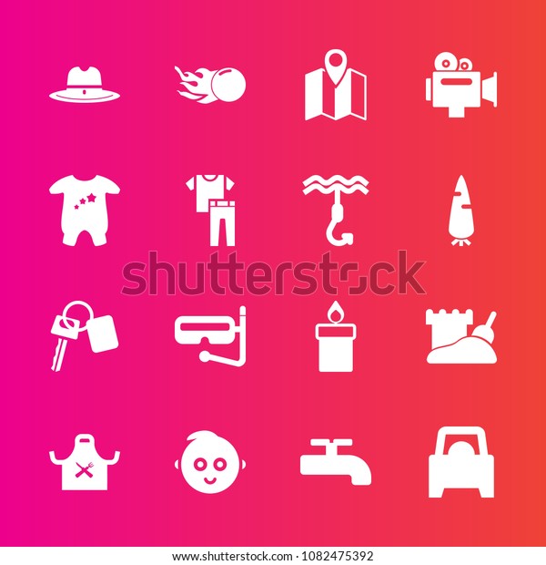 Premium set with fill vector icons. Such as child,\
cowboy, candle, pin, equipment, space, snorkel, wax, auto, cute,\
fire, childhood, film, chief, summer, road, video, clothes, travel,\
fashion, mask