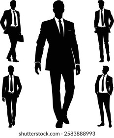 A premium set of five businessman walking silhouette vectors, ideal for business presentations.