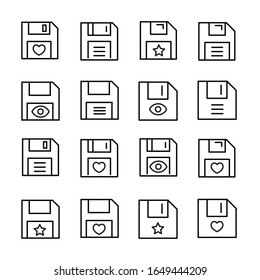 Conjunto de iconos de línea de disquetes de primera calidad. Símbolos web para sitios web y aplicaciones móviles. Símbolos vectoriales modernos, aislados en un fondo blanco. Sencillas señales de línea delgada.