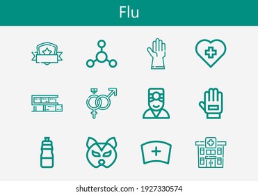 Premium set of flu line icons. Simple flu icon pack. Stroke vector illustration on a white background. Modern outline style icons collection of Glove, Shield, Gloves, Bottle