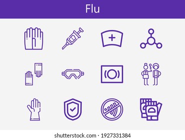 Premium set of flu line icons. Simple flu icon pack. Stroke vector illustration on a white background. Modern outline style icons collection of Gloves, Shield, Syringe, Bacterias