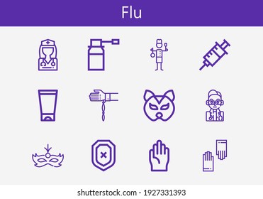 Premium-Set von Grippezeilensymbolen. Einfache Grippe-Icon-Packung. Schlagt Vektorgrafik auf weißem Hintergrund. Moderne Symbole für den Umriss Sammlung von Handschuhen, Schild, Stab, Spritze
