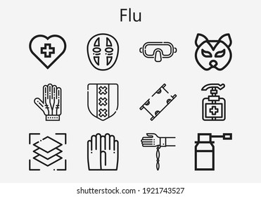 Premium set of flu [S] icons. Simple flu icon pack. Stroke vector illustration on a white background. Modern outline style icons collection of Gloves, Shield, Antiseptic, Mask, Handkerchief, Hospital