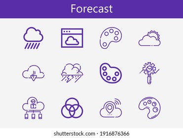 Premium set of forecast line icons. Simple forecast icon pack. Stroke vector illustration on a white background. Modern outline style icons collection of Palette, Storm, Rain, Sun cloud, Cloud