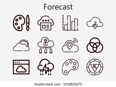 Premium set of forecast [S] icons. Simple forecast icon pack. Stroke vector illustration on a white background. Modern outline style icons collection of Palette, Storm, Sun cloud, Cloud, Stats