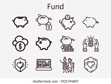 Premium set of fund [S] icons. Simple fund icon pack. Stroke vector illustration on a white background. Modern outline style icons collection of Piggy bank, Profit, Charity, Funds