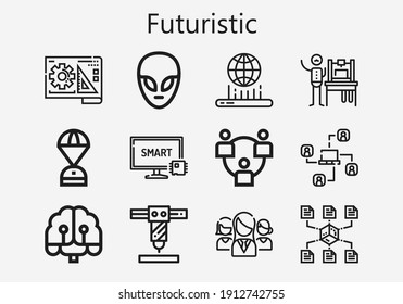 Premium set of futuristic [S] icons. Simple futuristic icon pack. Stroke vector illustration on a white background. Modern outline style icons collection of Alien, Hologram, Smart tv, Networking