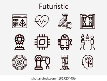 Premium set of futuristic [S] icons. Simple futuristic icon pack. Stroke vector illustration on a white background. Modern outline style icons collection of Human, Hologram, Disco, Radar