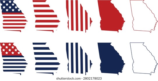 A premium set of Georgia state map silhouettes filled with United States flag patterns including stripes and stars Excellent graphic resource for celebrating American history national events and regional patriotism in the state of GA available in clean red white and dark blue layouts